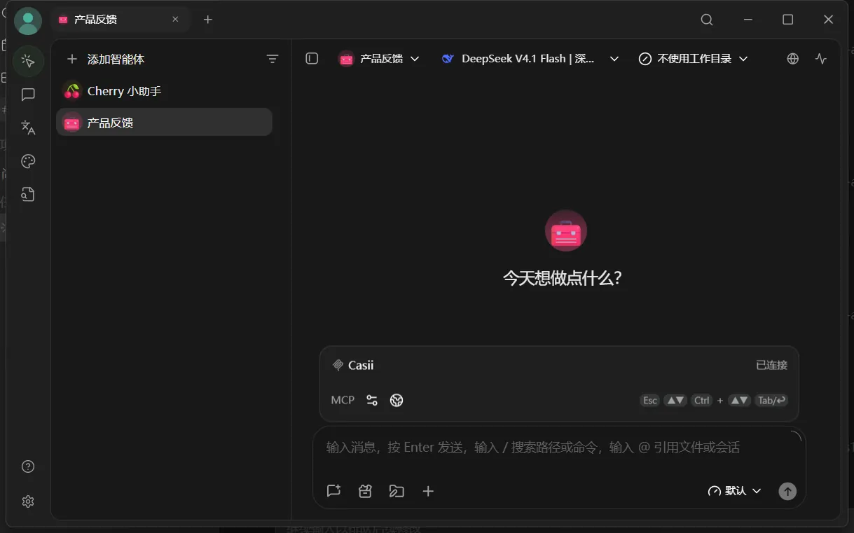 Go back to the chat page and confirm Casii shows as "Connected" in the MCP list above the input box.
