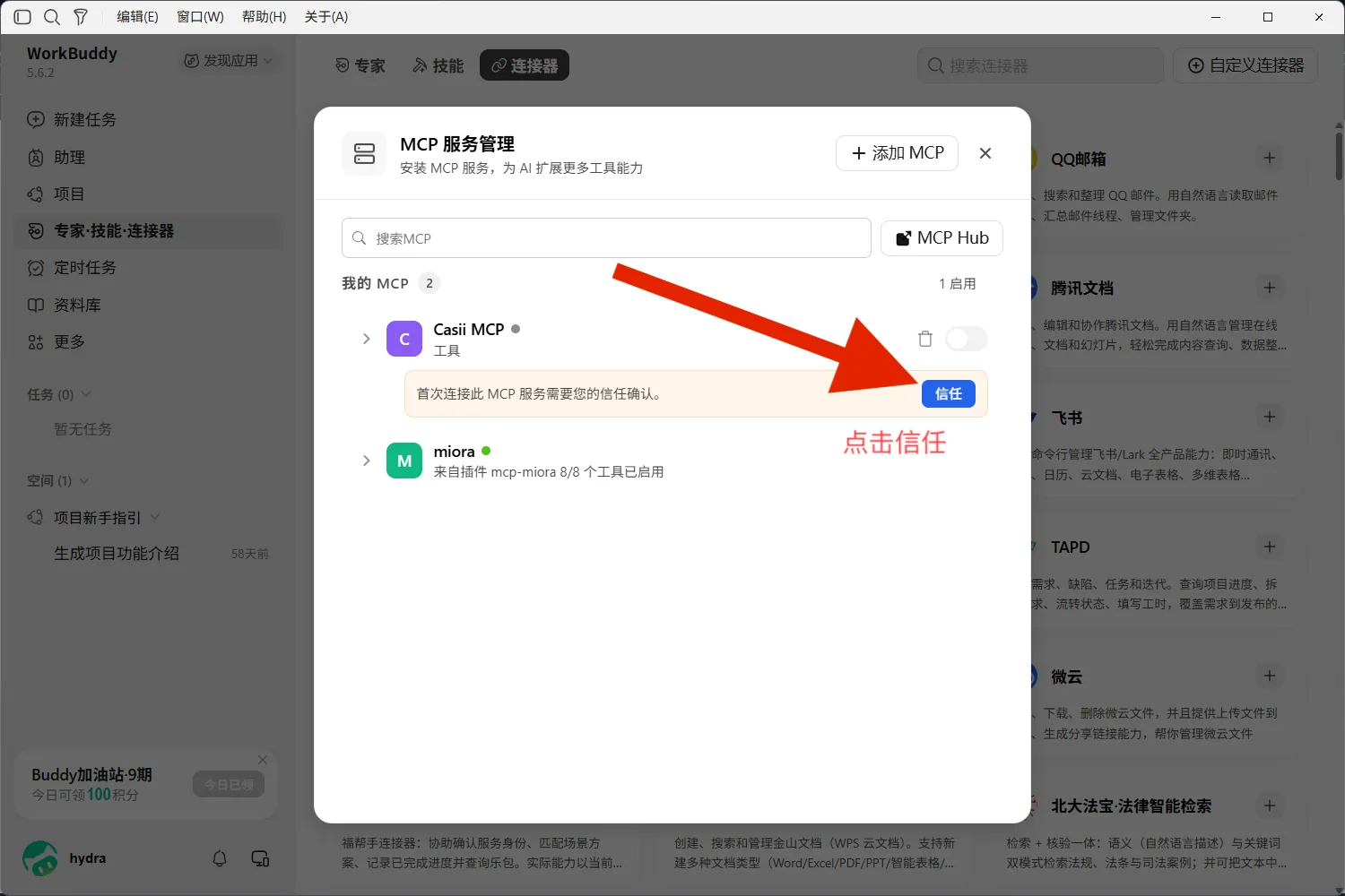 Back in the list, Casii MCP asks for trust confirmation on its first connection — click "Trust".