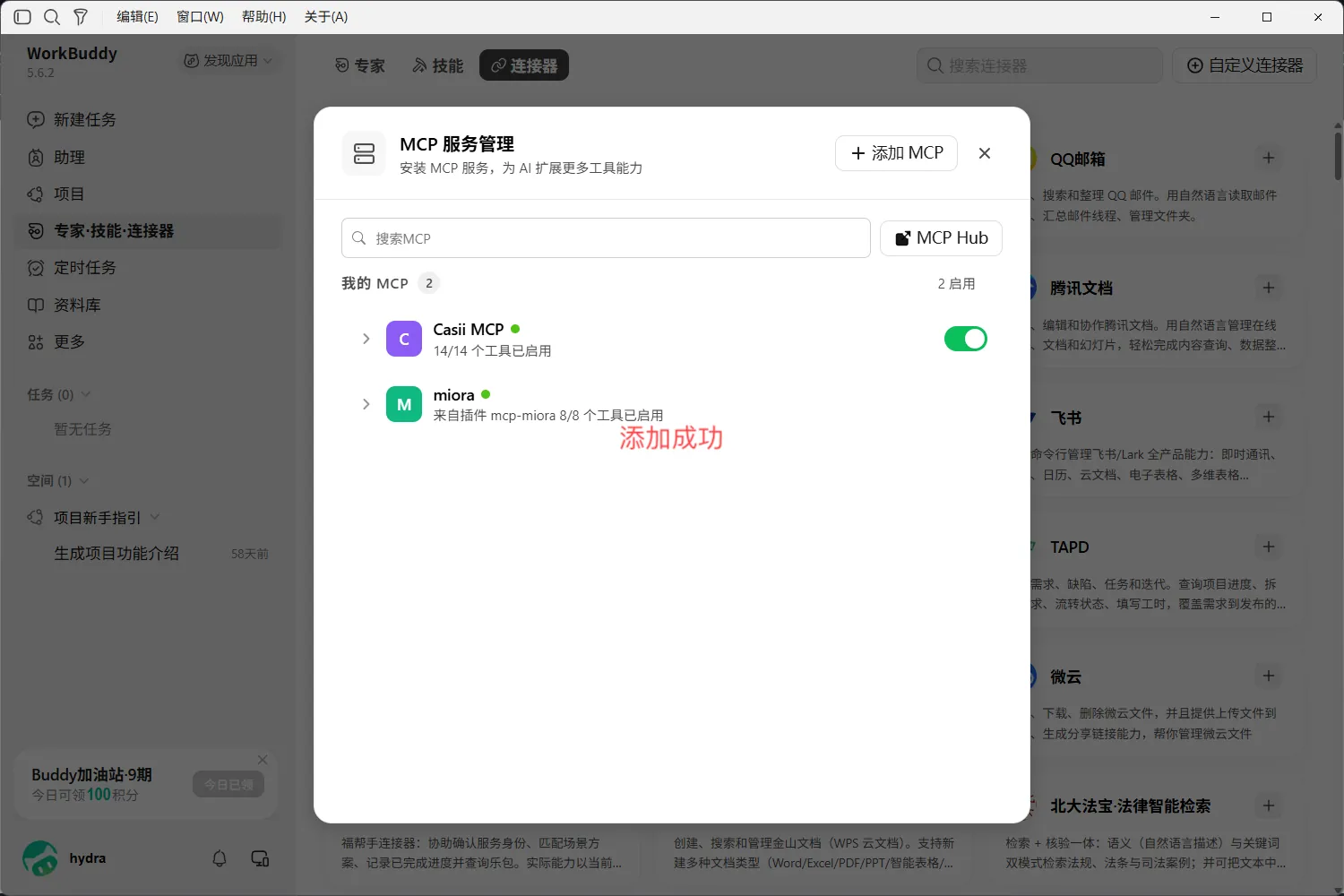 When Casii MCP shows a green dot, all its tools are enabled and its switch is on, it was added successfully.